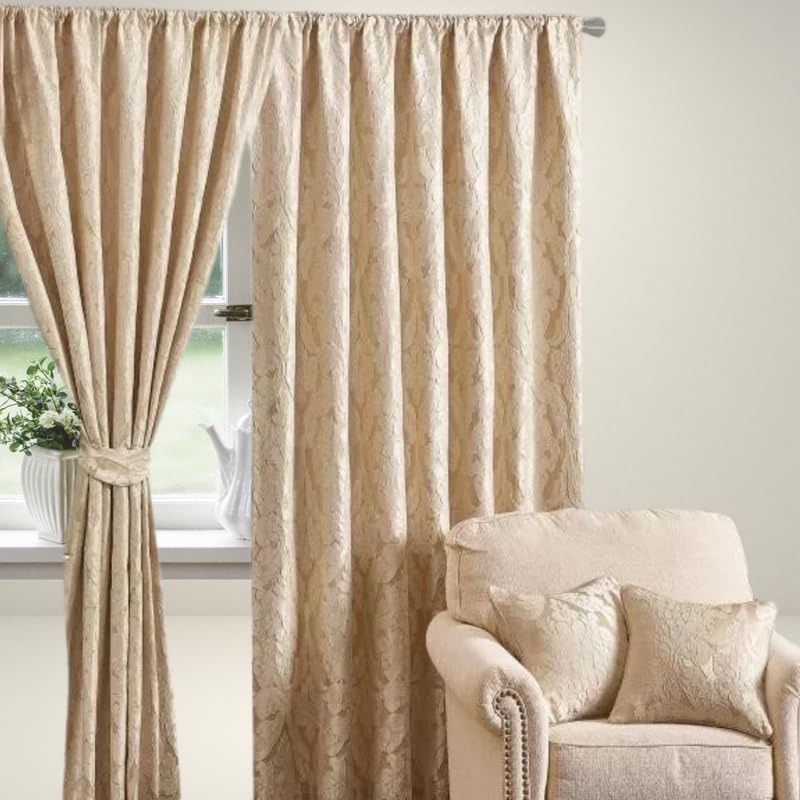 Luxury Full Line Heavy Jacquard Curtains with Tie Backs - Pencil Pleat Curtains for Living Room, Bedroom, or Office - Elegant and Premium Design - Beige - 90x72