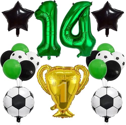 Miniatura 5 de Juego de globos de copa de campeón de fútbol, decoración de cumpleaños número 12, globo de fútbol de aluminio verde número 12, globo de estrella