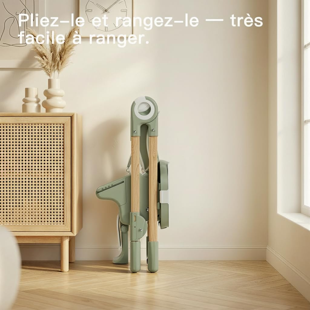 Chaise Haute Bébé Évolutive 0-3 Ans, Pliable, 7 Positions Hauteur, 3 Réglages Plateau, Dossier Inclinable 4 Positions, Plateau double couche amovible, Assise en Similicuir (Vert sauge)