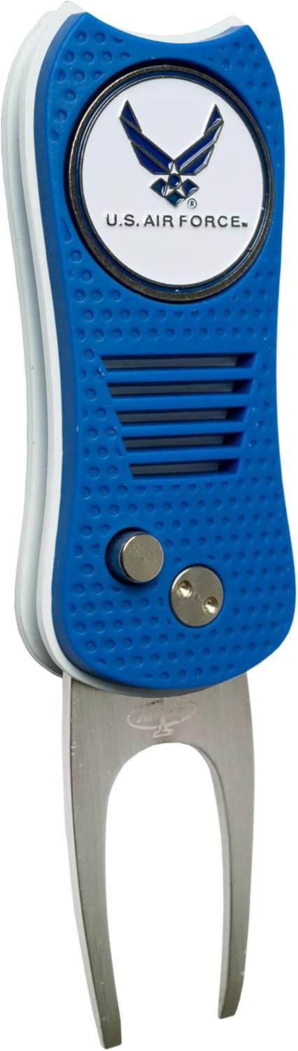 Team Golf Military Air Force Retractable Divot Tool with Double-Sided Magnetic Ball Marker, Features Patented Single Prong Design, Causes Less Damage to Greens
