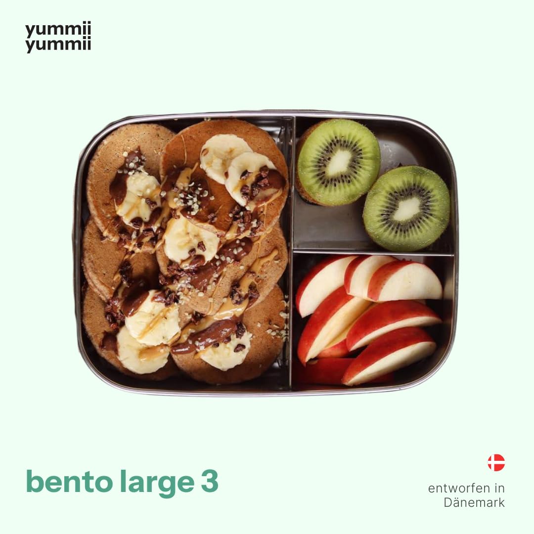 Bento Large 3 y bolsa de malla reutilizable. Fiambrera de acero inoxidable 18/8 1800 ml/Fiambrera ecológica con 3 compartimentos - perfecto para comidas más grandes.