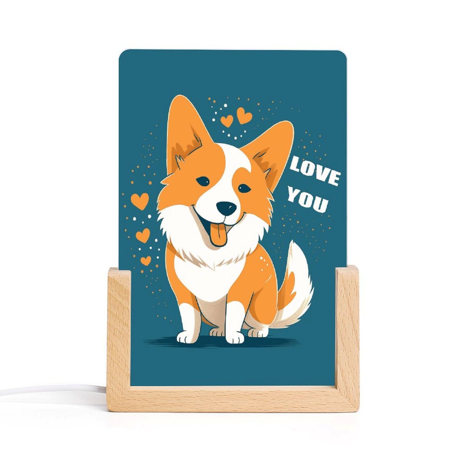 JTREHY Acrylic Night Light,Corgi I Love You Printed Wooden Base LED Night Light Modern Home Decoration Light with USB Switch Cable for Bar Cafe Bedroom Room Decoration