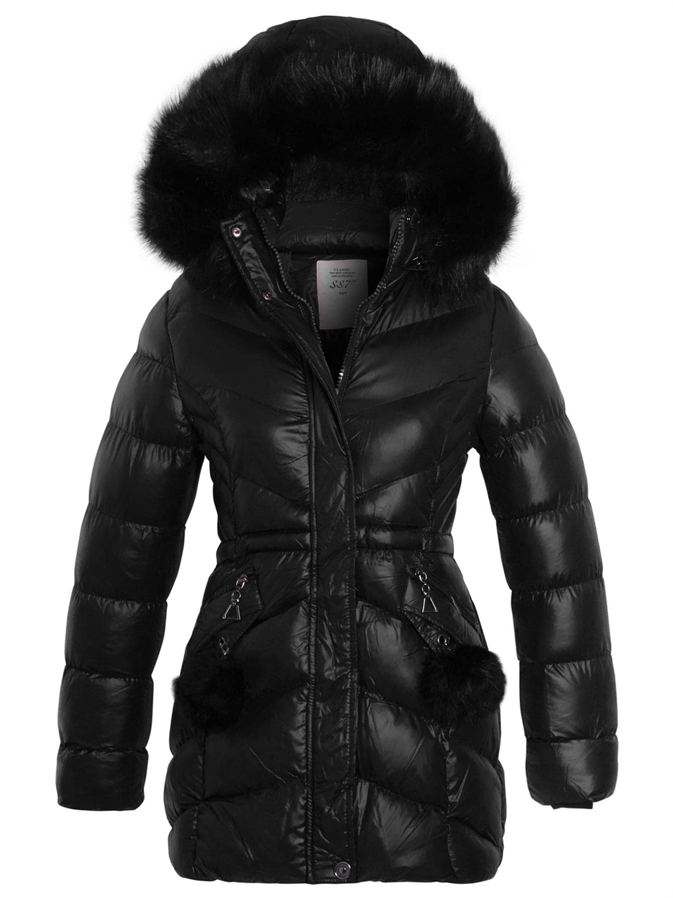 SS7 Girls Padded Parka Coat with Faux Fur Hood Black