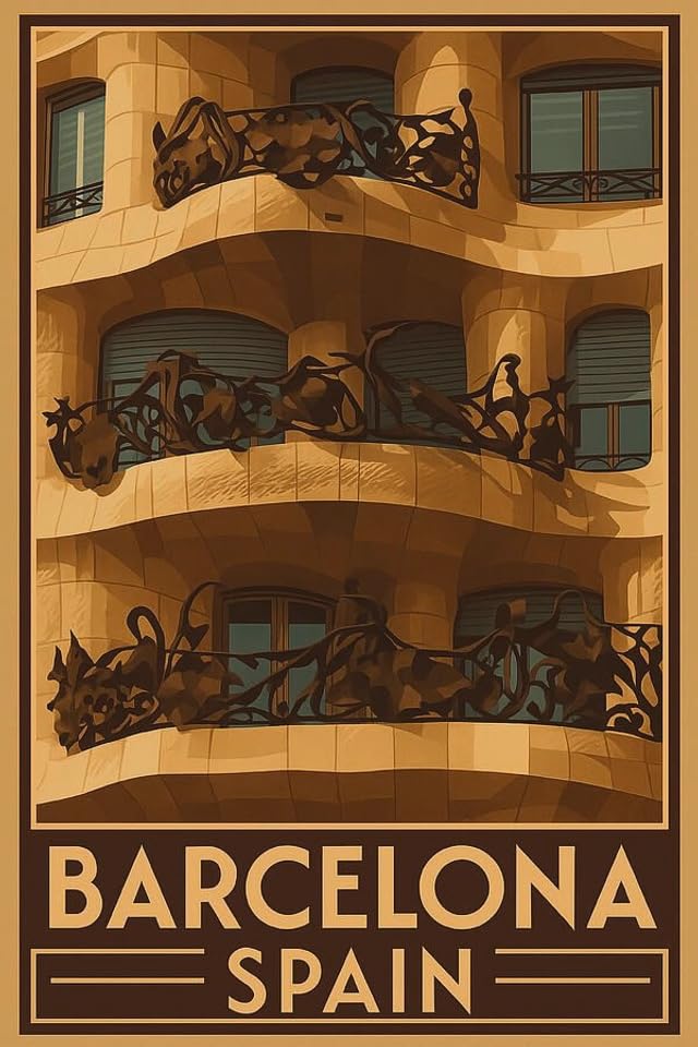 Póster vintage de Barcelona con diseño de Casa Milá y balcones de Gaudí La Pedrera