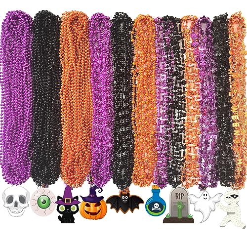 Becfupo 200Pcs Halloween Bead Necklaces Bulk In Multiple-Shapes, Purple Orange Black Beads Necklaces With Pumpkin Ghost Bat Pendants For Halloween Party Favors, Halloween Party Decoration