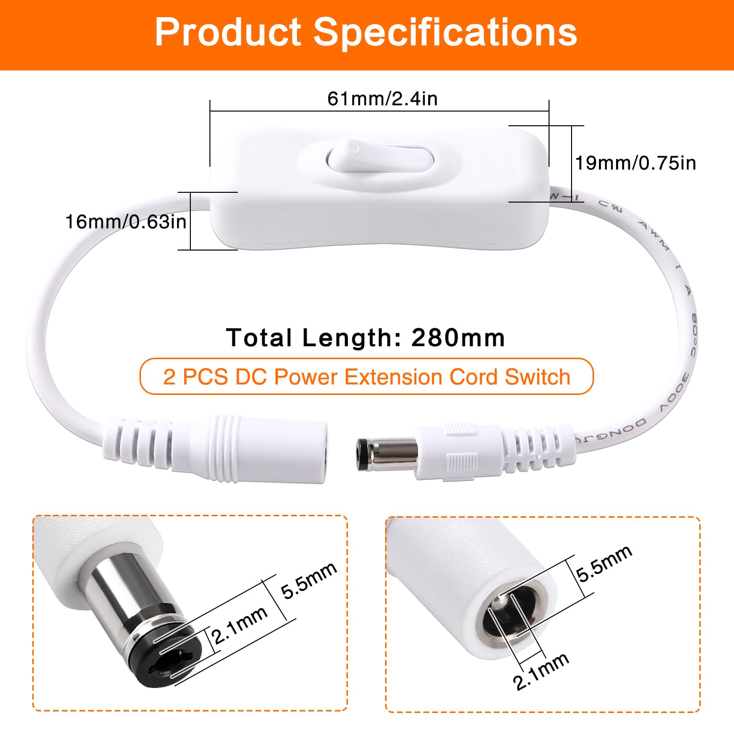 Anulely DC-inline schakelaar, handleiding DC5521, inline kabel drukknopschakelaar, elektrische accessoires, lichtbesturingsgereedschap voor tafellampen, staande lampen, spiegellampen, wandlampen