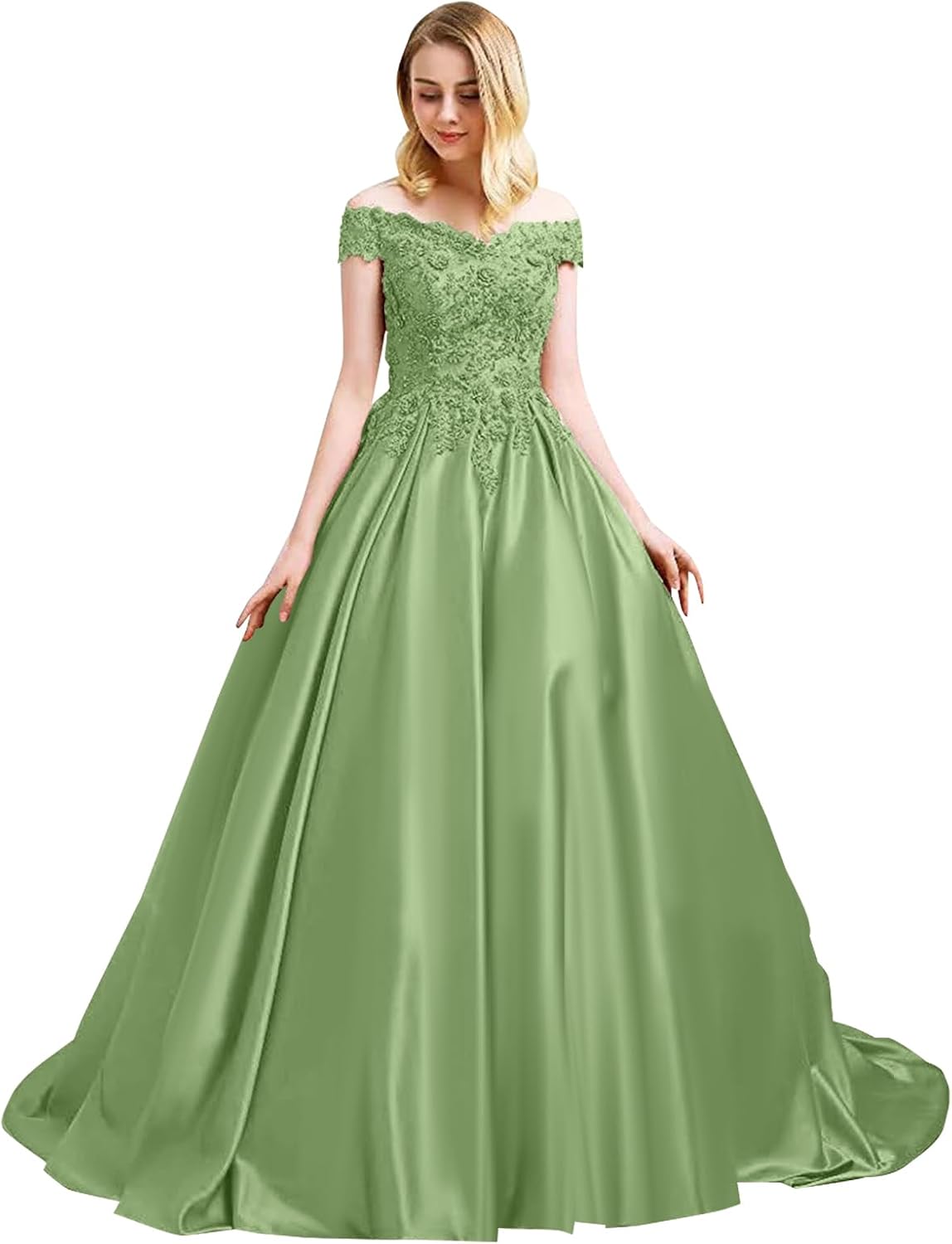 Lace Prom Dresses Long Ball Gown Quinceanera Dress Satin Off Shoulder Formal Evening Gowns with Pockets