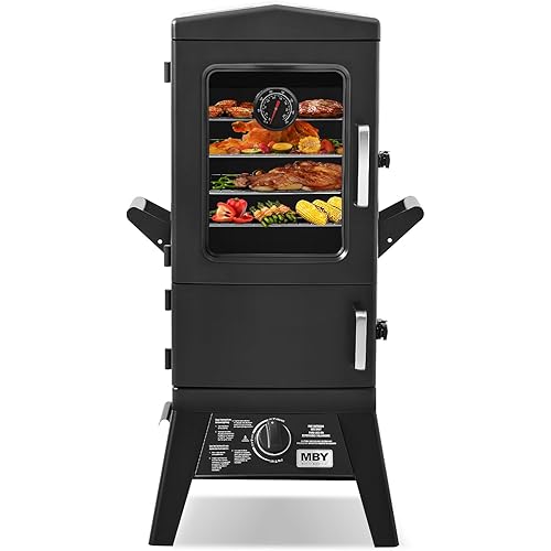 Propane Smoker,Vertical Outdoor Smoker with Cover and Temperature Control Knob,Heavy Duty View Window Gas Smoker for Outdoor Cooking, Picnic, Patio, Garden Barbecue