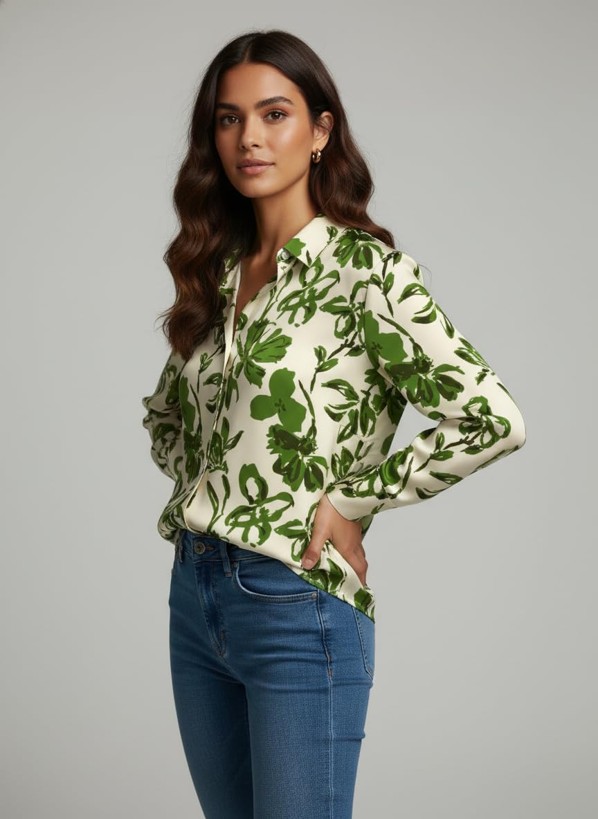 ANNI Designer Bedrucktes Hemd aus Baumwollmischung für Damen, langärmelig, normale Passform, Hemdkragen, lässig, Bürokleidung, stilvolle Westernkleidung für den Alltag, Hochzeit, Party