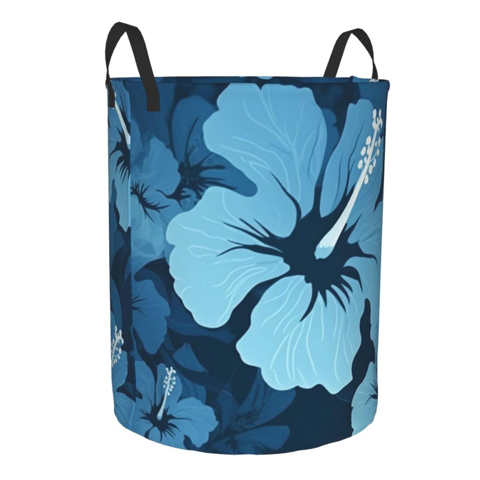 Blue hibiscus print Circular Hamper Waterproof Storage Bin Organizer Basket Laundry Hamper With Handles For Clothes Toys Medium