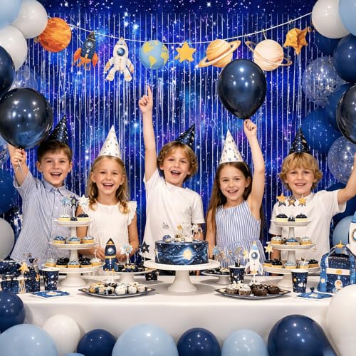 Image of 4 Packs Galaxy Foil Fringe Curtain, Blue Glitter Metallic Tinsel Backdrop for Birthday Baby Shower Outer Space Alien Party Decorations Supplies