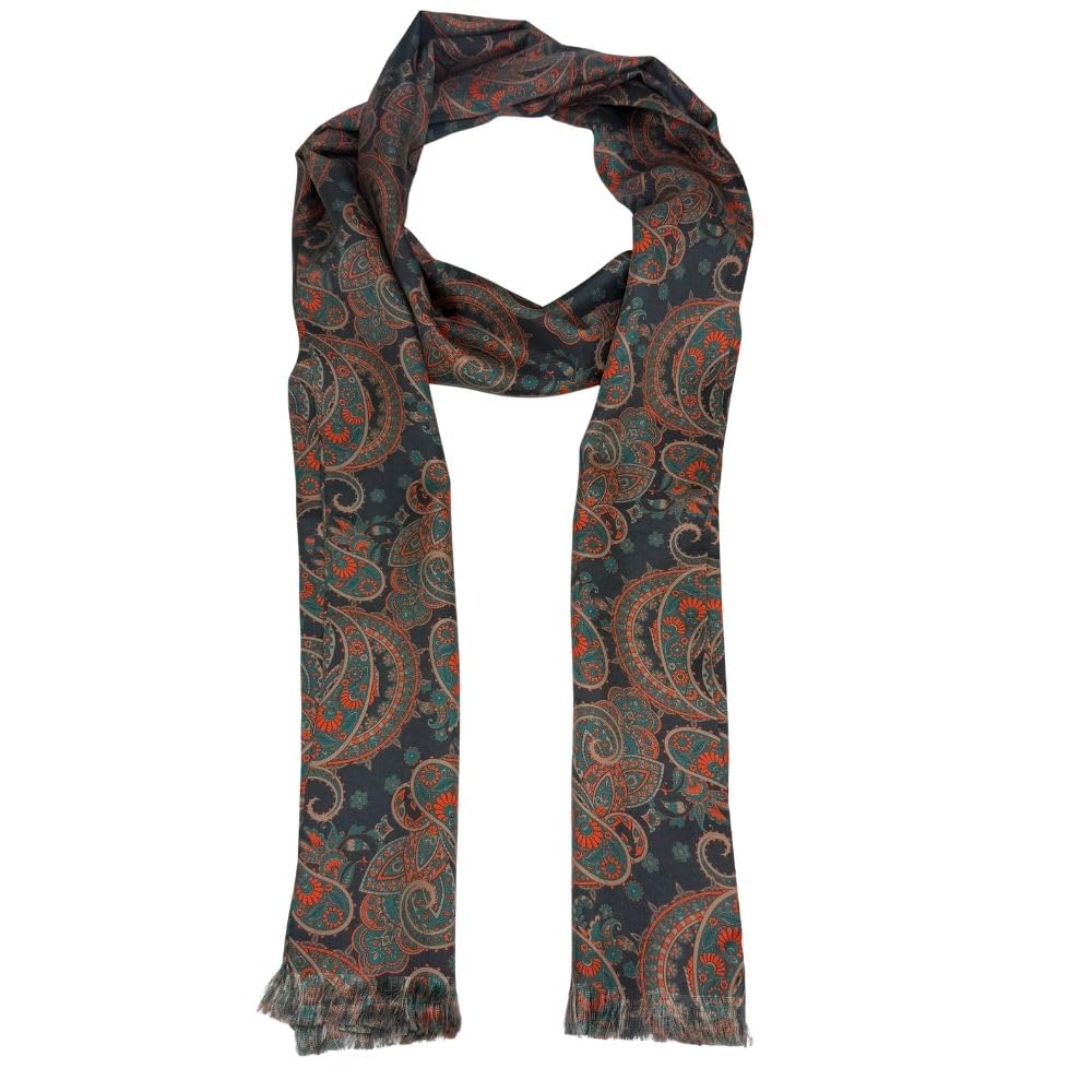 Navy Blue with Orange Paisley Silk Scarf for Men-image-15