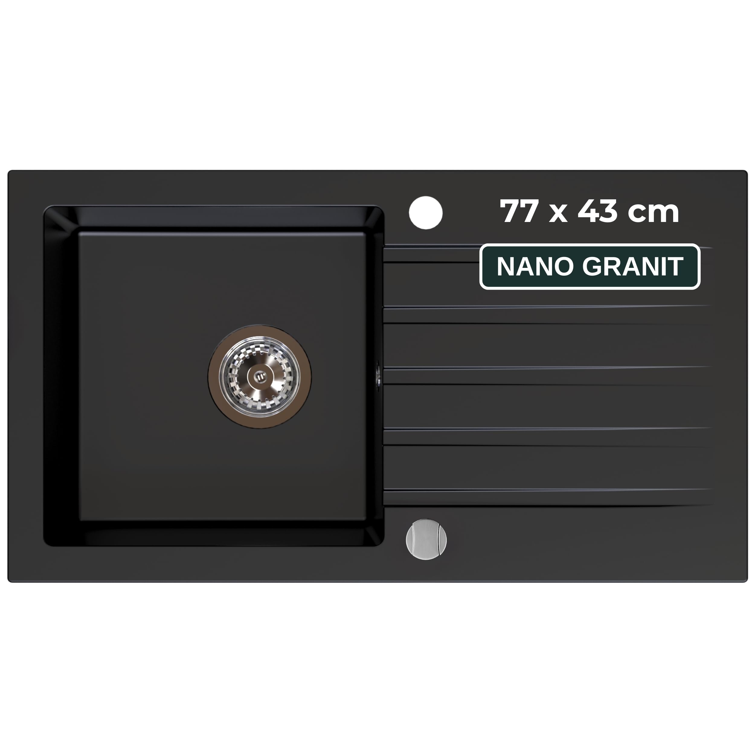 Granitspüle schwarz 77x43 cm Küchenspüle mit Abtropffläche Einbauspüle für 45er Unterschrank inkl. Exzenter-Siphon