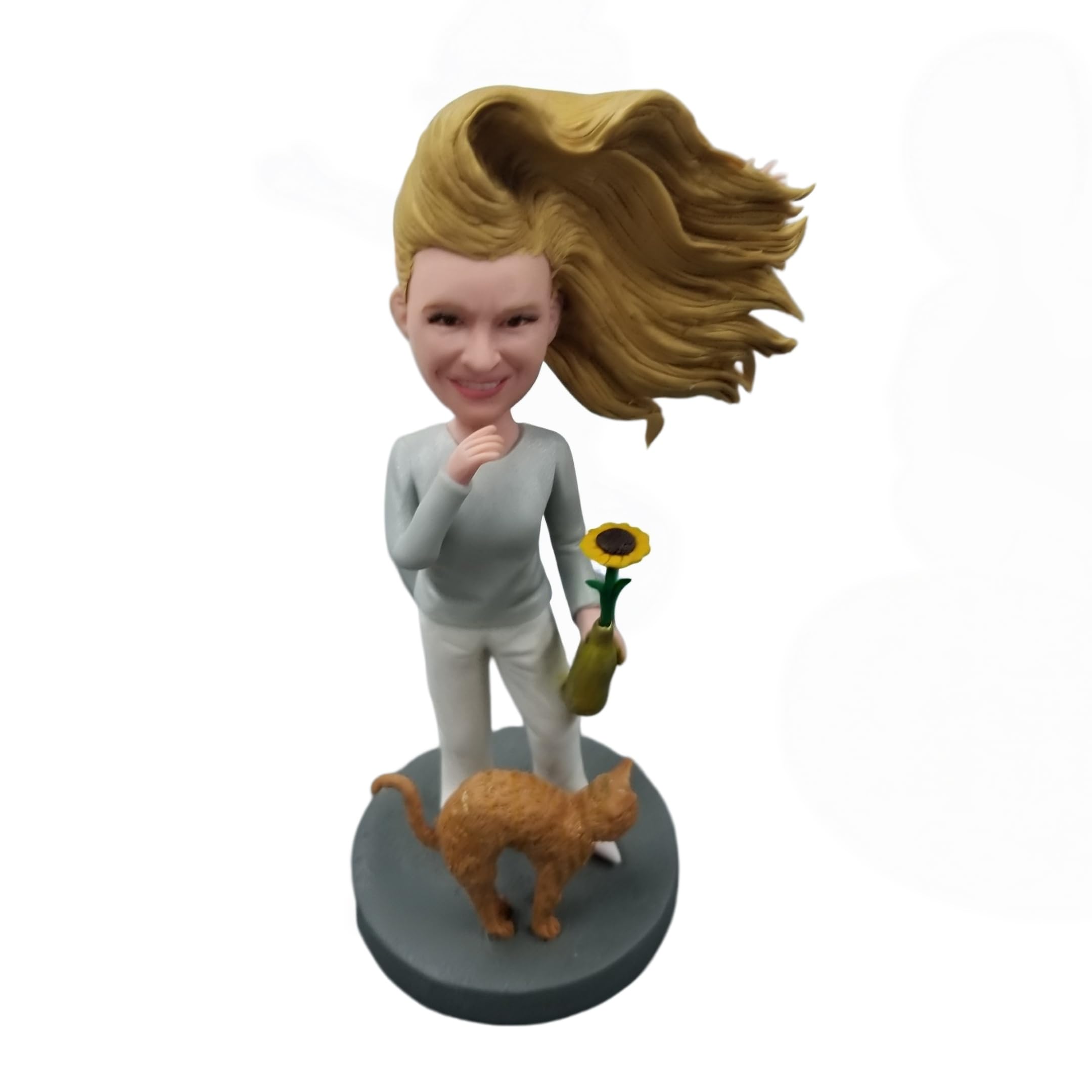 Bobblehead personalizado, figura 3D de Photo Bobbleheads, dama rubia sosteniendo una botella de girasol con gato mascota, decoración de estatua hecha a mano, regalos para amantes de los gatos