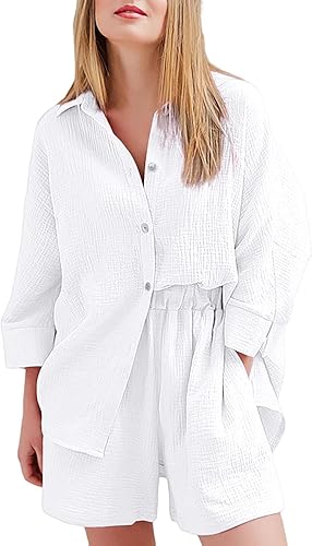 MNDSUDHG Women's 2 Piece Outfits Button Down Short Sleeve Shirts and Shorts Set Summer Sweatsuits Loungewear Vacation Outfits