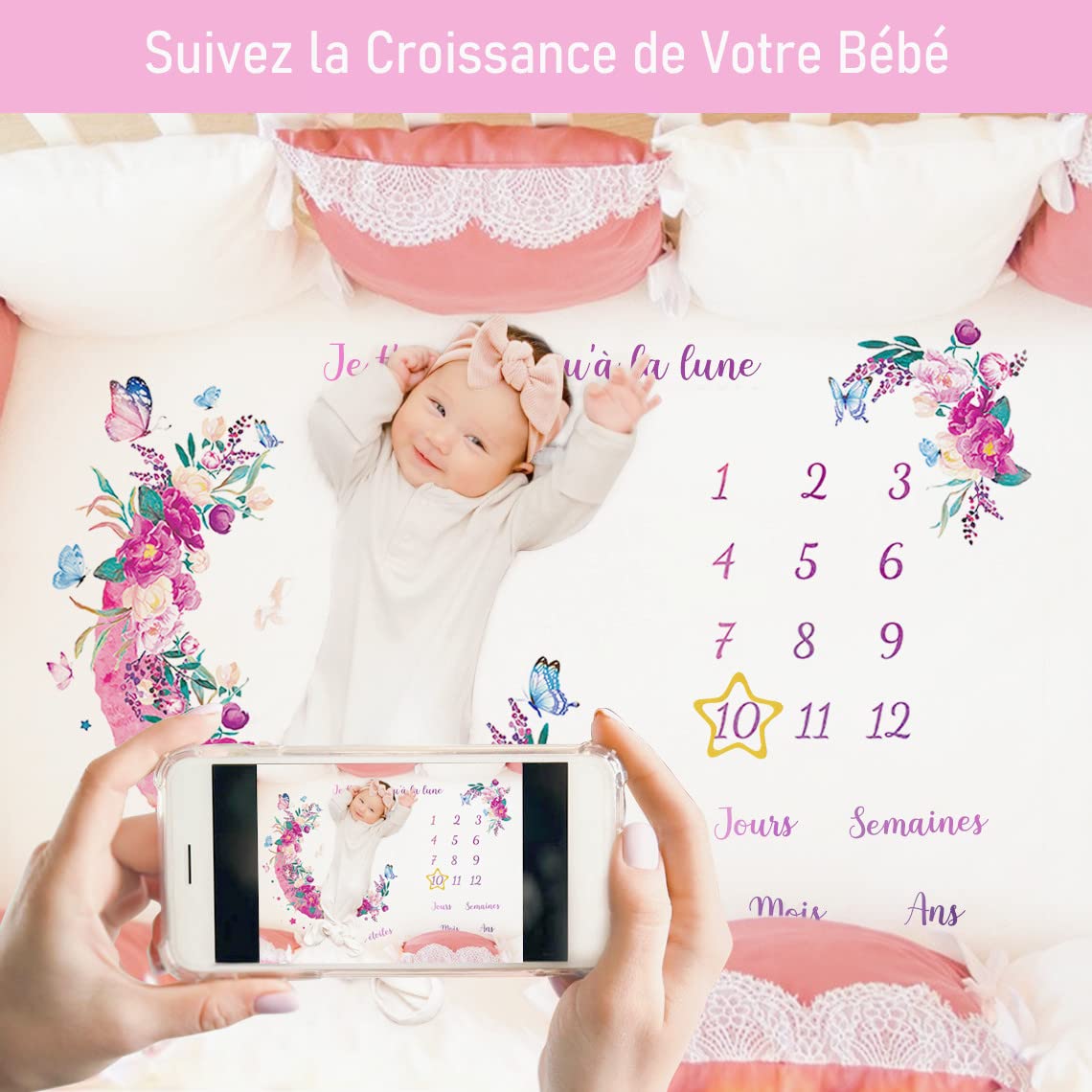 Couverture Etape Bébé, Tapis Mois Bébé pour Filles ou Garçons,Cadeau Baby Shower pour Maman avec 4 Cadres Photo Couverture Douce,Couverture Photo Bebe Mois 130X100cm