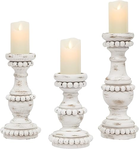 Portavelas grandes de granja para velas de pilar, portavelas de madera rústica con cuentas, perfecto para centros de mesa, mesa de café o chimenea