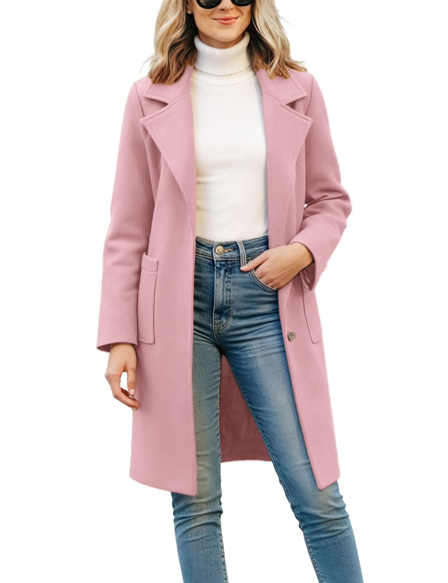 omoone Women's Winter Wool Blend Coat Notch Lapel Mid Long Single Breasted Pea Coat Jacket Outwear-picture-30