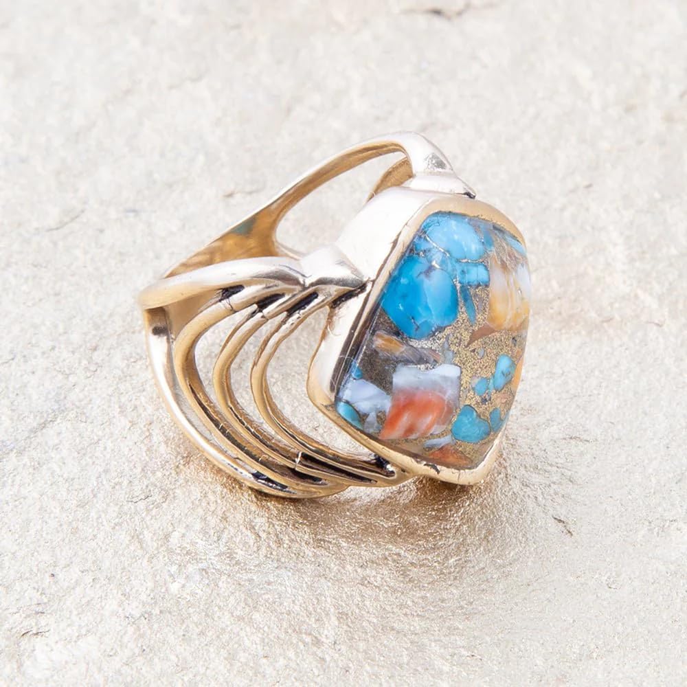 Barse Jewelry Arrows Blue Turquoise and Orange Spiny Oyster Matrix Golden Ring