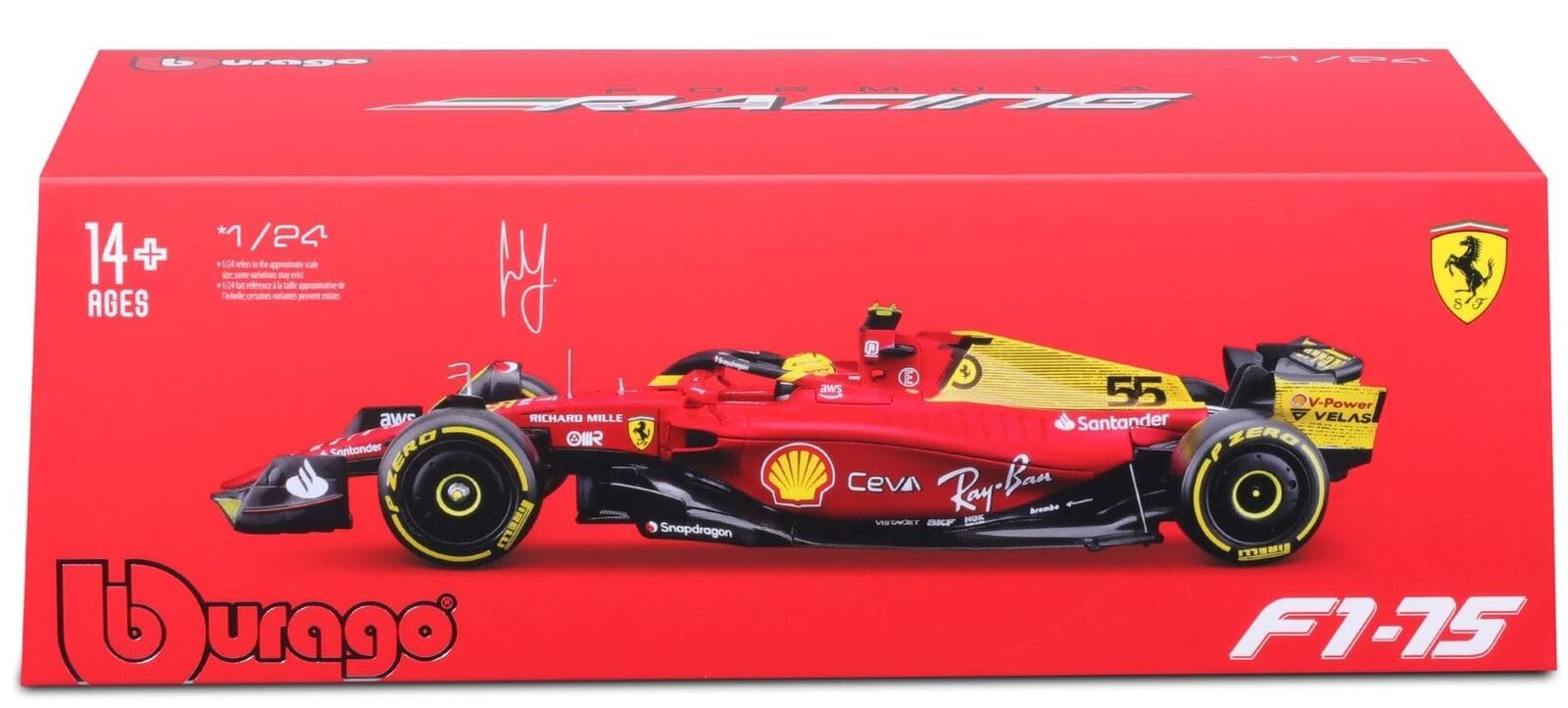 Bburago Druckguss-Modell Grand Prix Auto im Maßstab 1:24, kompatibel mit Ferrari F1-75 Carlos Sainz (75. Jubiläums-Limage, italienischer GP 2022) in Rot/Gelb