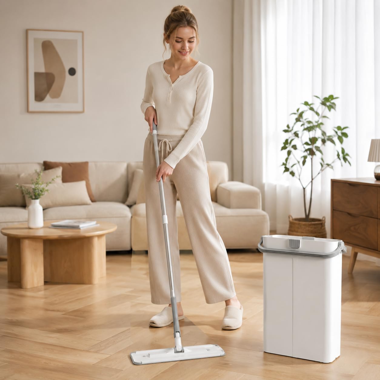 Kit Serpillère Balai Plat Microfibre et Seau Essoreur Mains Libres pour Nettoyage Sols Carrelage, Parquet, Marbre, 40cm