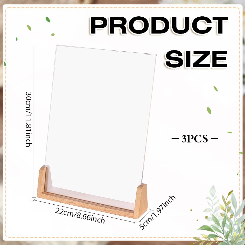 MAYJOYDIY Acryl-Schilderhalter mit Holzsockel, 22 x 5 cm, transparenter Menüständer, rechteckig, vertikal, Flyer, Präsentationstisch, Papierhalter für Büro, Geschäft, Restaurants, Hochzeit, Party
