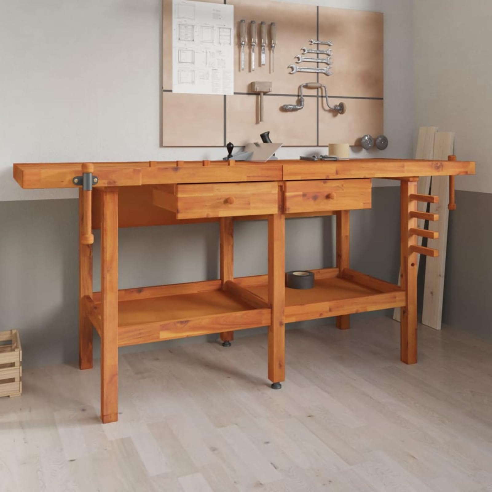 Homgoday Banco da Lavoro in Legno di Acacia con Morse 184-192x54-62x83cm 2 Cassetti Robusto
