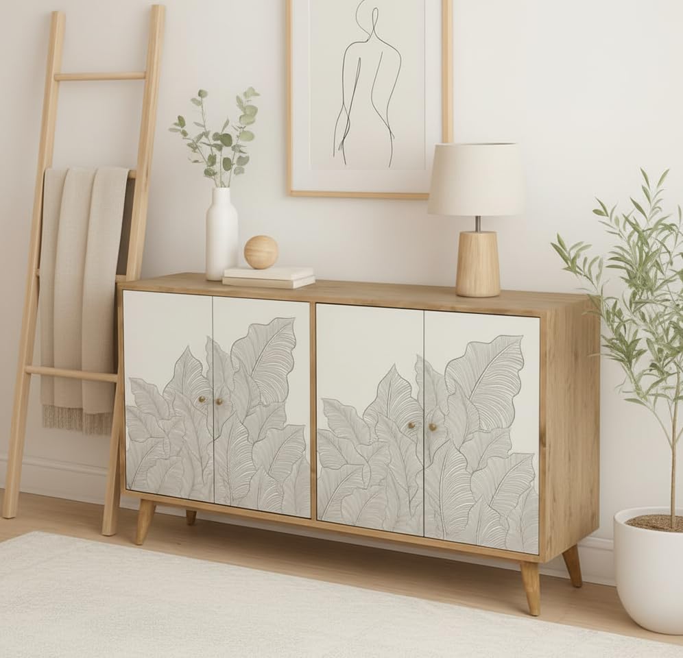 Image of Ranthambore Sideboard Cabinet | Sideboard Cabinet for Living Room | Solid Wood Sideboard | Finish- Natural and White