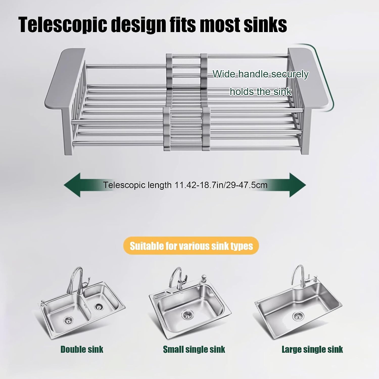 Escurridor de platos ajustable para colocar sobre el fregadero, cesta de drenaje extensible de acero inoxidable para fregadero de cocina de 11,42 a 18,7 pulgadas para frutas, verduras y vajilla, color