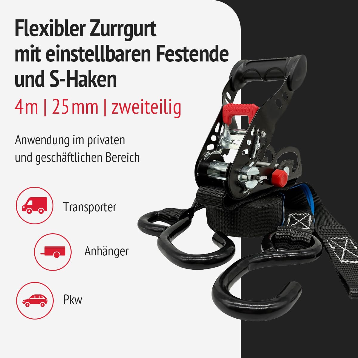 Spanngurt 25 mm, Länge 4,0 m in schwarz, flexibel einstellbares Festende mit S-Haken zur Ladungssicherung in Pkw, Anhänger und Kleintransporter (4)