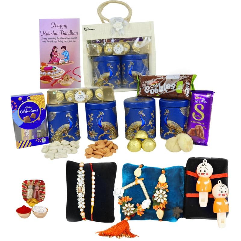 Image of NUTRI MIRACLE Rakhi Gift Box for Bhaiya Bhabhi with Healthy Dry Fruits, Tilak Kit, Chocolates, and Festival Greeting Card