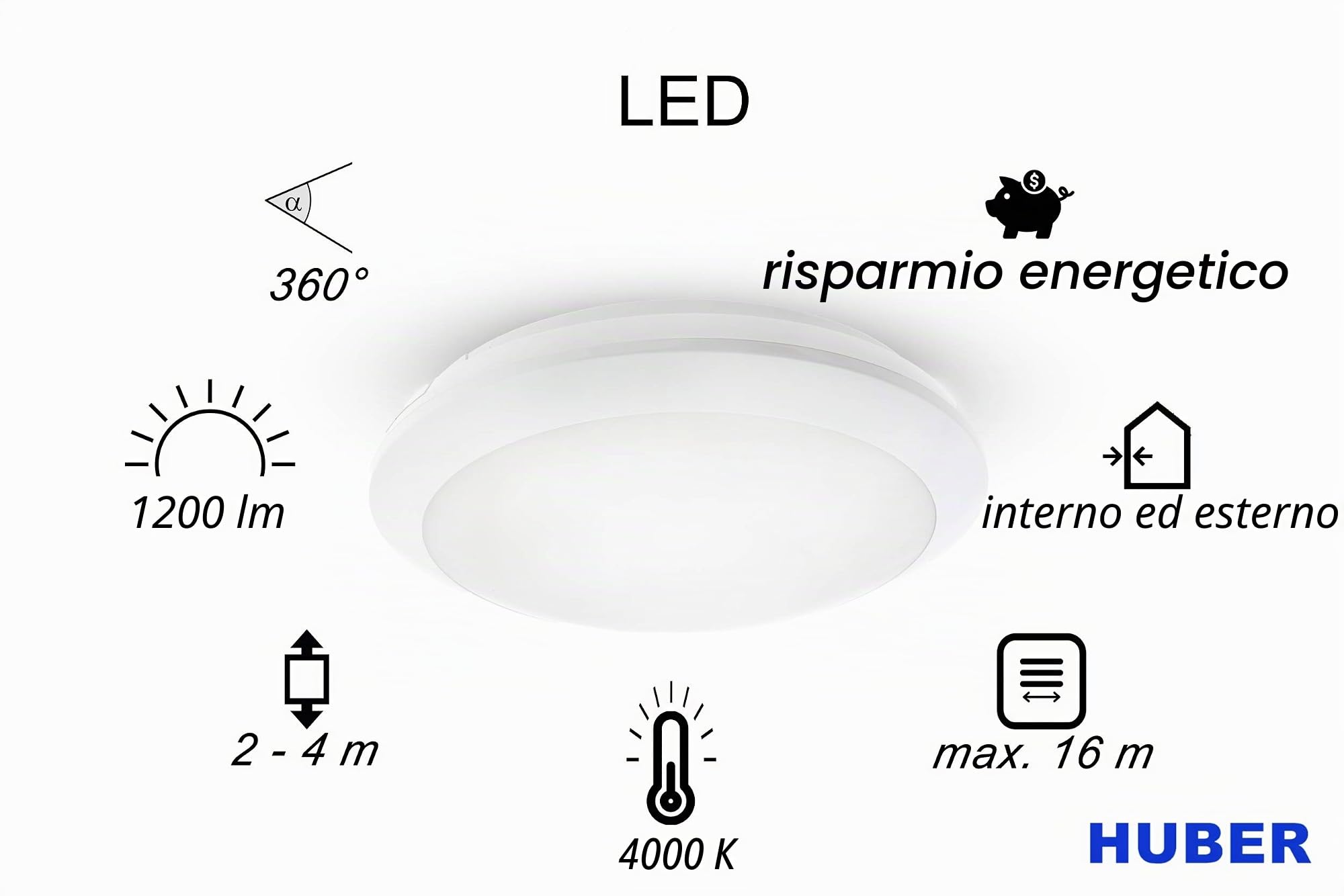 HUBER LED HML 80 HF LED con rilevatore di movimento a 360 °, bianco, 16 W, 1200 lm, IP44 per uso interno, altamente sensibile grazie alla tecnologia radar, adatto per luci di hall, soffitto e cantina