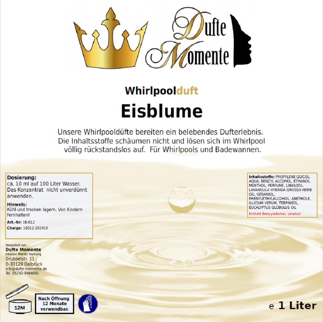 Dufte Momente | Whirlpool Duft 1000ml | Eisblume (Geranium, Menthol, Rose) | mit naturreinen und natürlichen ätherischen Ölen | kein Schaum | vegan und ohne Tierversuche