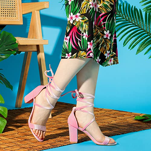 Allegra K Allegra K Women's Faux Velvet Lace Up Chunky Pink Heel Strappy Sandals 6.5 M US