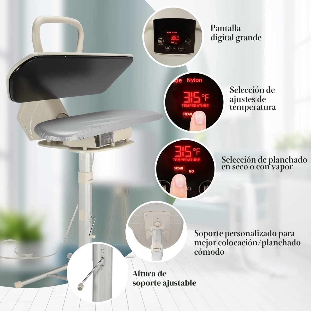 Prensa de planchado al vapor Speedypress 71HD-Plata/Negro profesional resistente de 68 cm con soporte