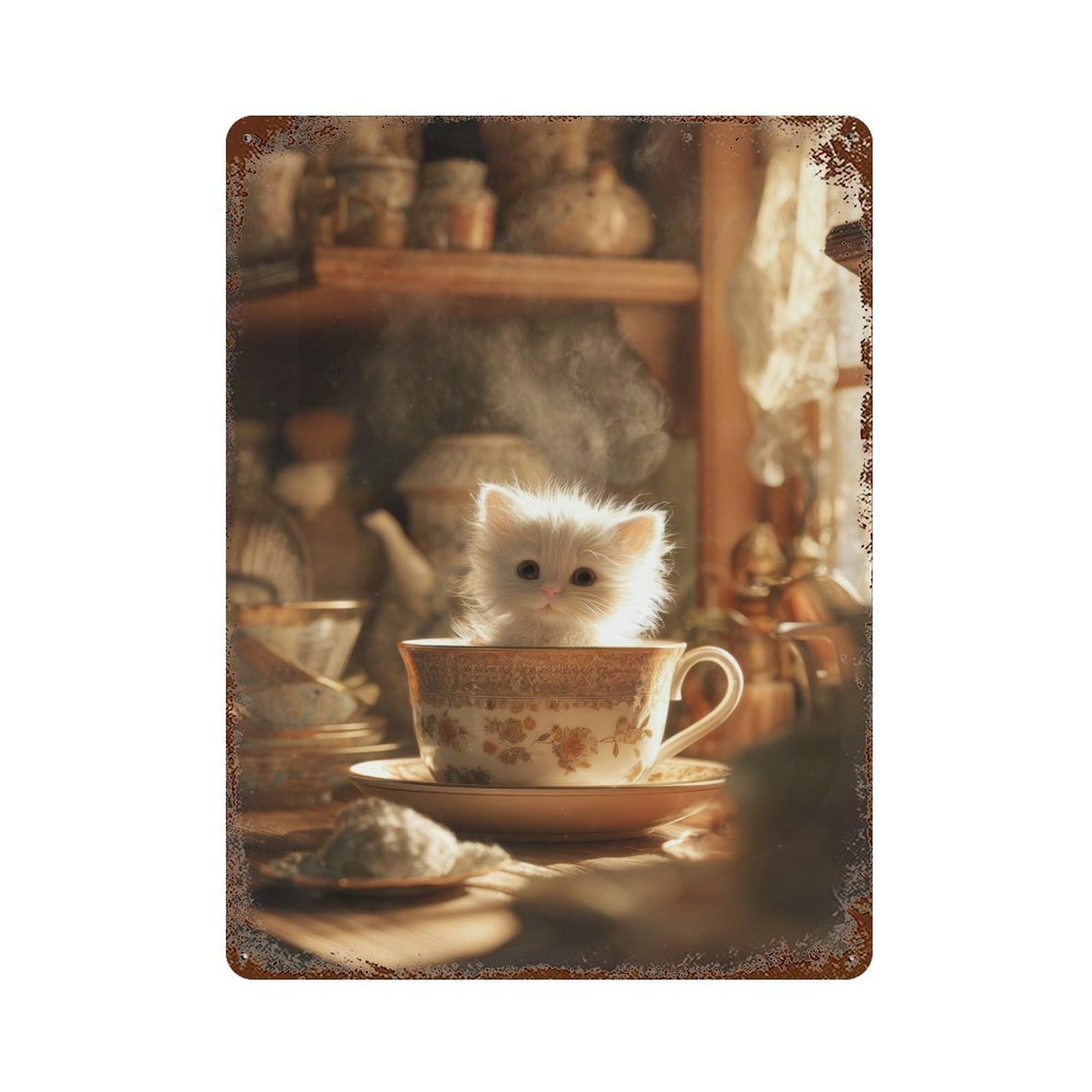 Kitten in A Teacup Retro Metal Sign 15.7"x11.8", Vintage Wall Decor for Garage, Pub Or Kitchen