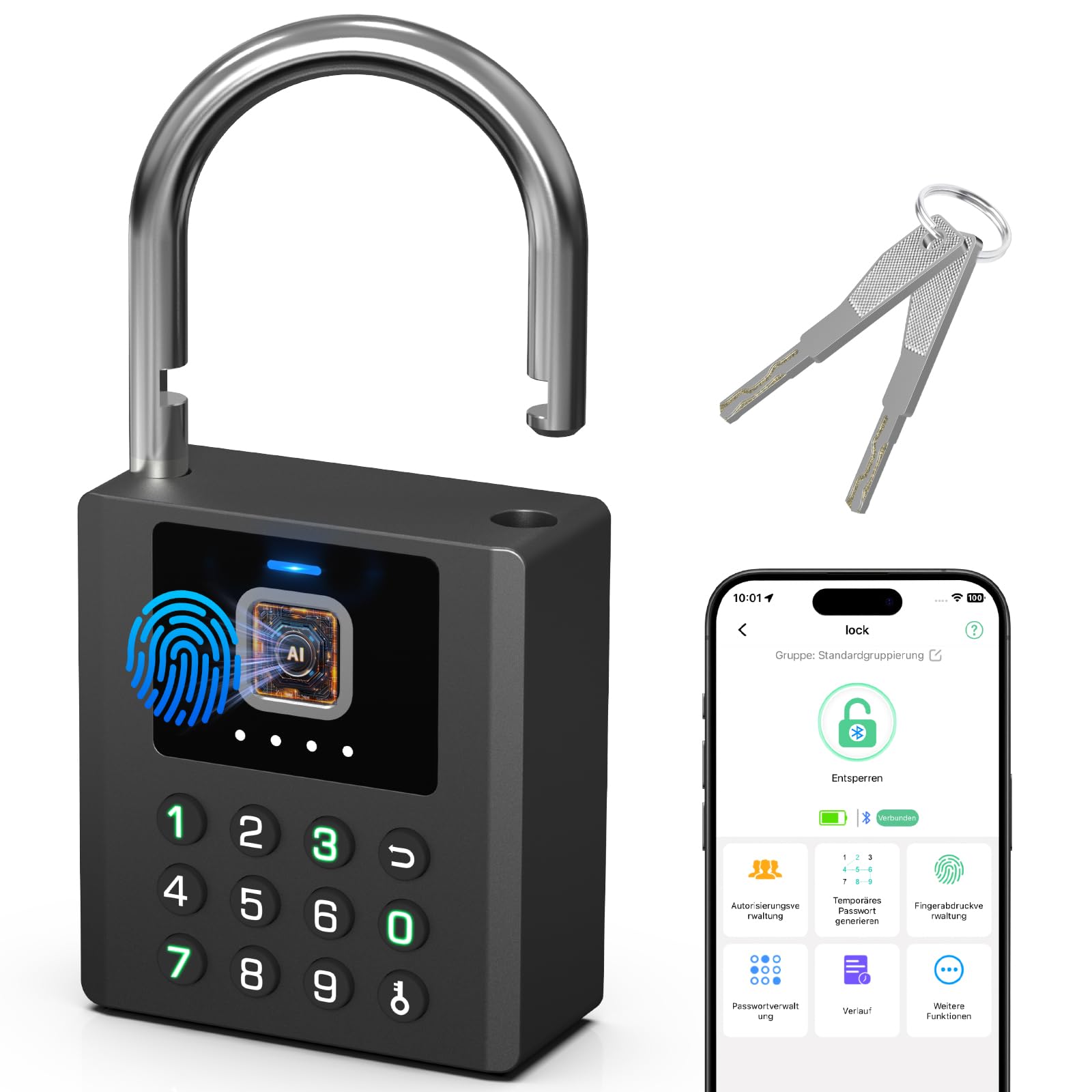 Eseesmart Candado de huellas dactilares con código numérico, 8 mm, doble gancho, IP67, resistente al agua, cerradura de seguridad inteligente con llave Bluetooth para vallas exteriores, puertas de