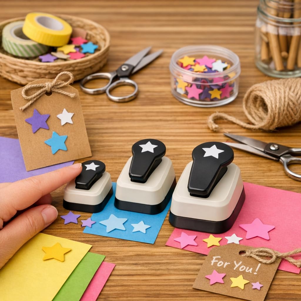 Star Shape Hole Punch Set, Paper Cutter Tool for Scrapbooking, Card Making and DIY Projects, Hand Lever Press, 1 Inch, 5/8 Inch, 3/8 Inch Sizes