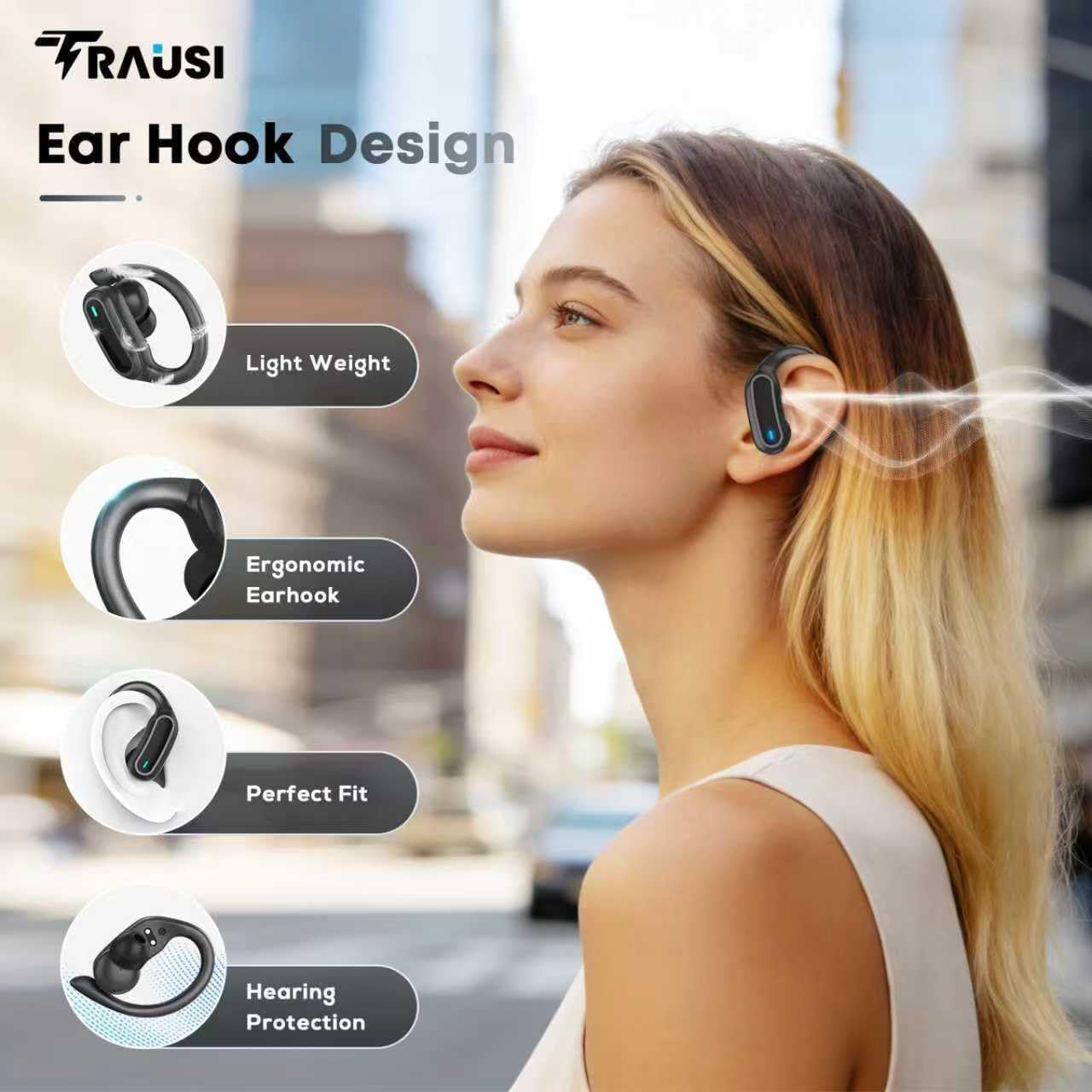 TRAUSI Auriculares inalámbricos Bluetooth, Bluetooth 5.3 estéreo, auriculares de diadema con cancelación de ruido, IPX7 resistentes al agua para entrenamiento/correr, color negro brillante