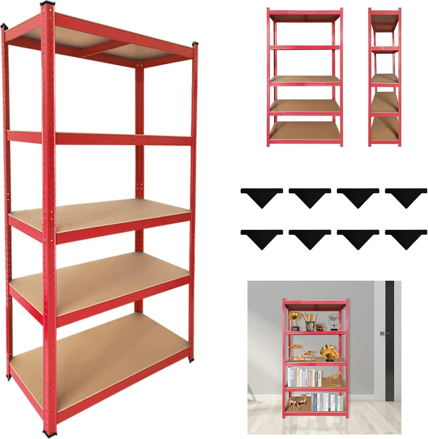 Huini Metal Storage Shelve, Heavy Duty 5 Tier Adjustable Shelf Racking Unit Storage Rack 875KG Capacity Metal Shelves Boltless Workshop for Shed, Office - 180cm x 90cm x 40cm（Red）