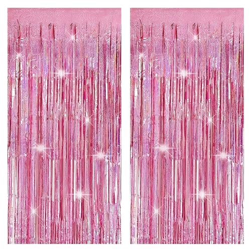 2pcs Rideaux d'anniversaire à Paillettes Roses, Rideaux à Pompons Brillants avec Lumière Laser Pluie 1 * 2m, Adapté pour Mariage Anniversaire Fête de...