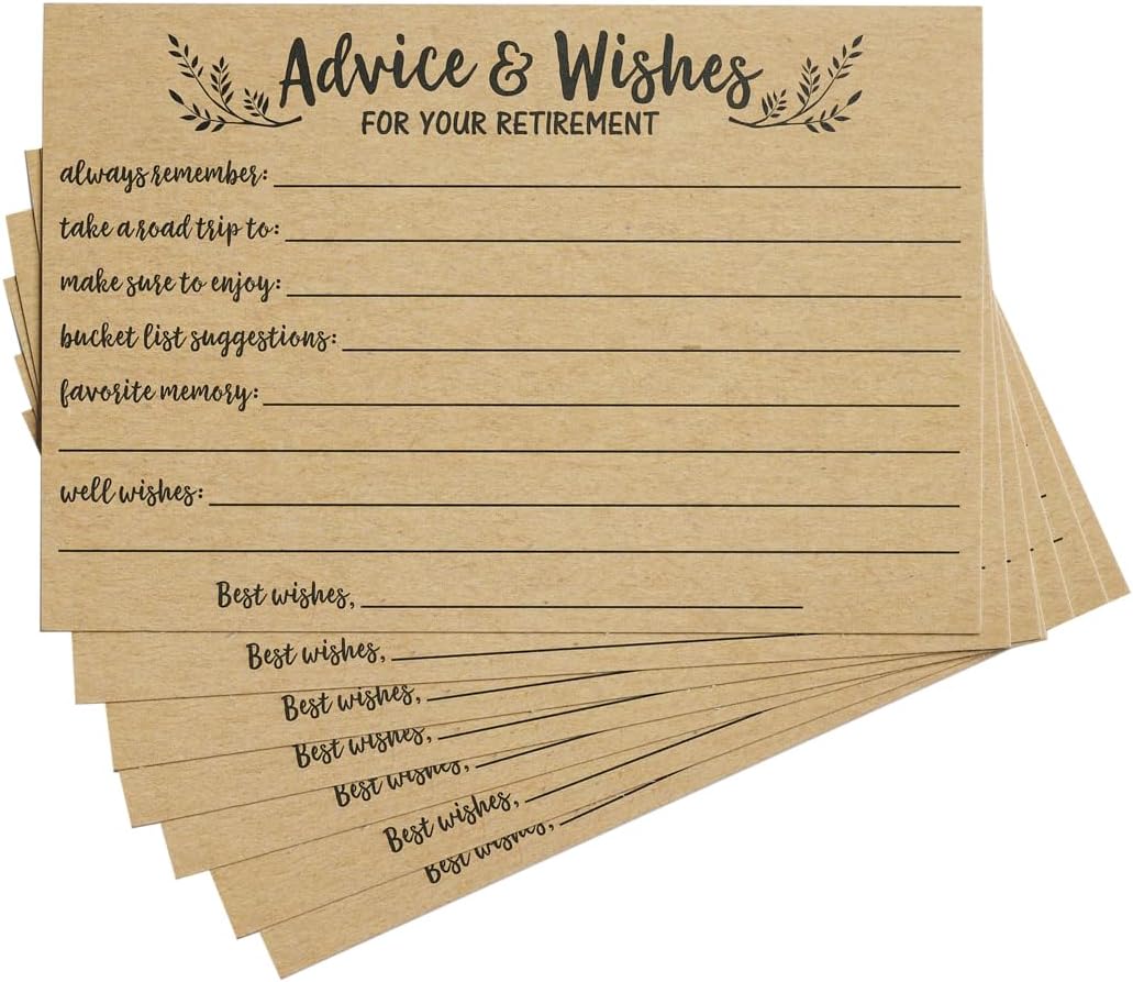 Kraft Retirement Well Wish and Advice Cards (50-cards) For Men or Women Retired Supplies and Decorations, Happy Retiree Celebration Gift Bucket List Wish Jar, Funny Personalized Officially Retired