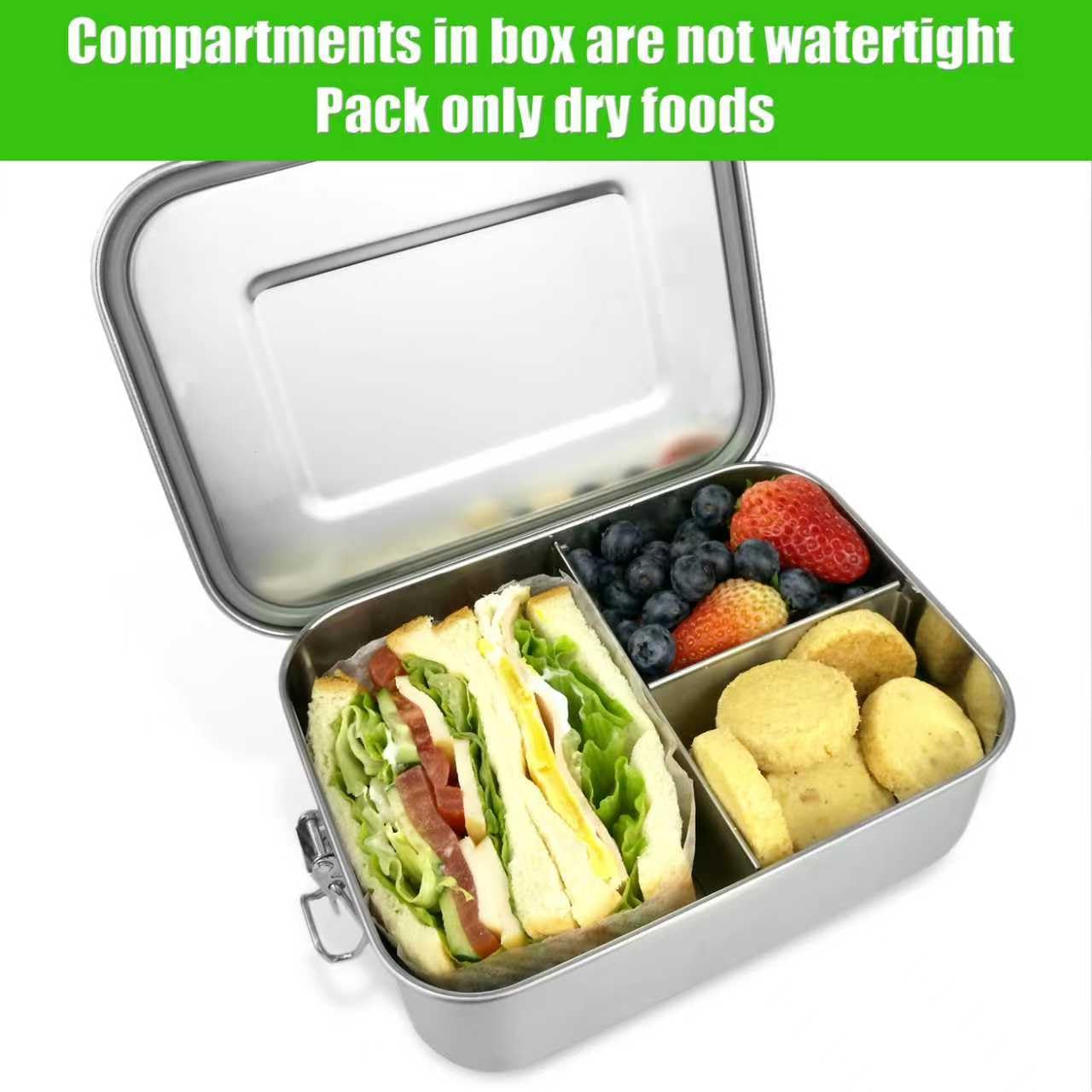 UPTRUST Stainless Steel Bento Lunch Food Box Container, 5-Compartment Large 1400ML Metal Bento Lunch Box Container for Kids or Adults with Lockable Clips to Leak Proof: 1200 ML - 3-Compartment