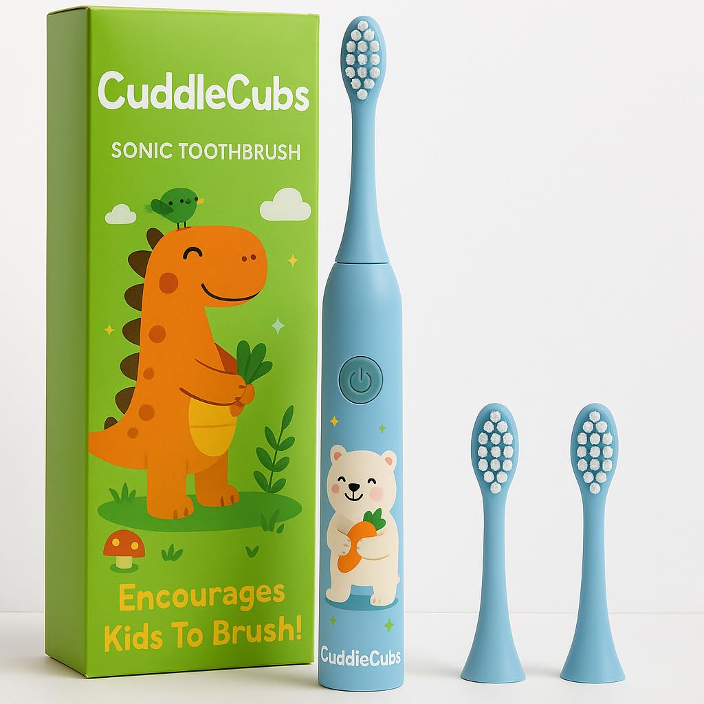 CuddleCubs Electric Toothbrush for Kids – Sonic, IPX7 Waterproof, 3 Modes, 3 Replaceable Brush Heads, 19,000 Strokes/Min, DuPont Soft Nylon Bristles, Multi-Color