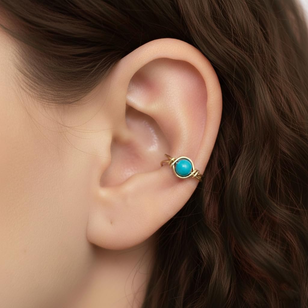 14k Gold Filled Turquoise Clip On Ear Cuff, Non Piercing Dainty Huggie Gemstone Earring, December Birthstone - Image 3