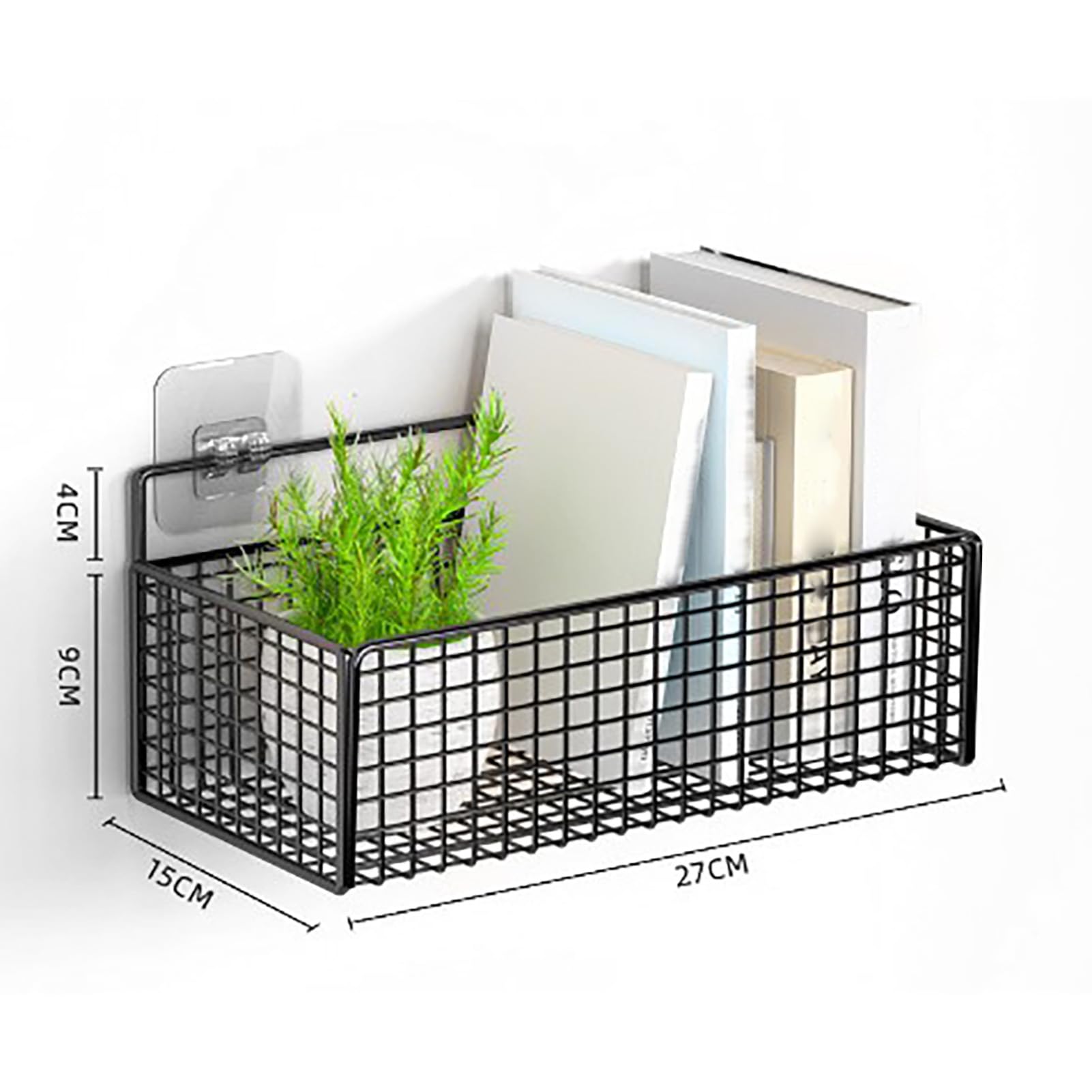 Paquete de 2 cestas de almacenamiento montadas en la pared sin taladros, organizador colgante de metal negro para cocina, baño, cestas de malla multifuncionales que ahorran espacio,