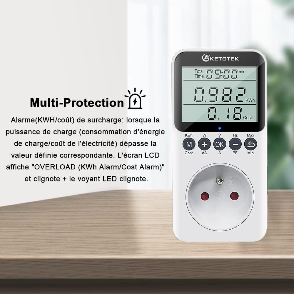 KETOTEK Contadores de Energía Vatimetro Toma, Digital Consumo Energético Medidor 3680W Medidor Eléctrico con Pantalla LCD Medición Consumo Energético Medidor de Consumo