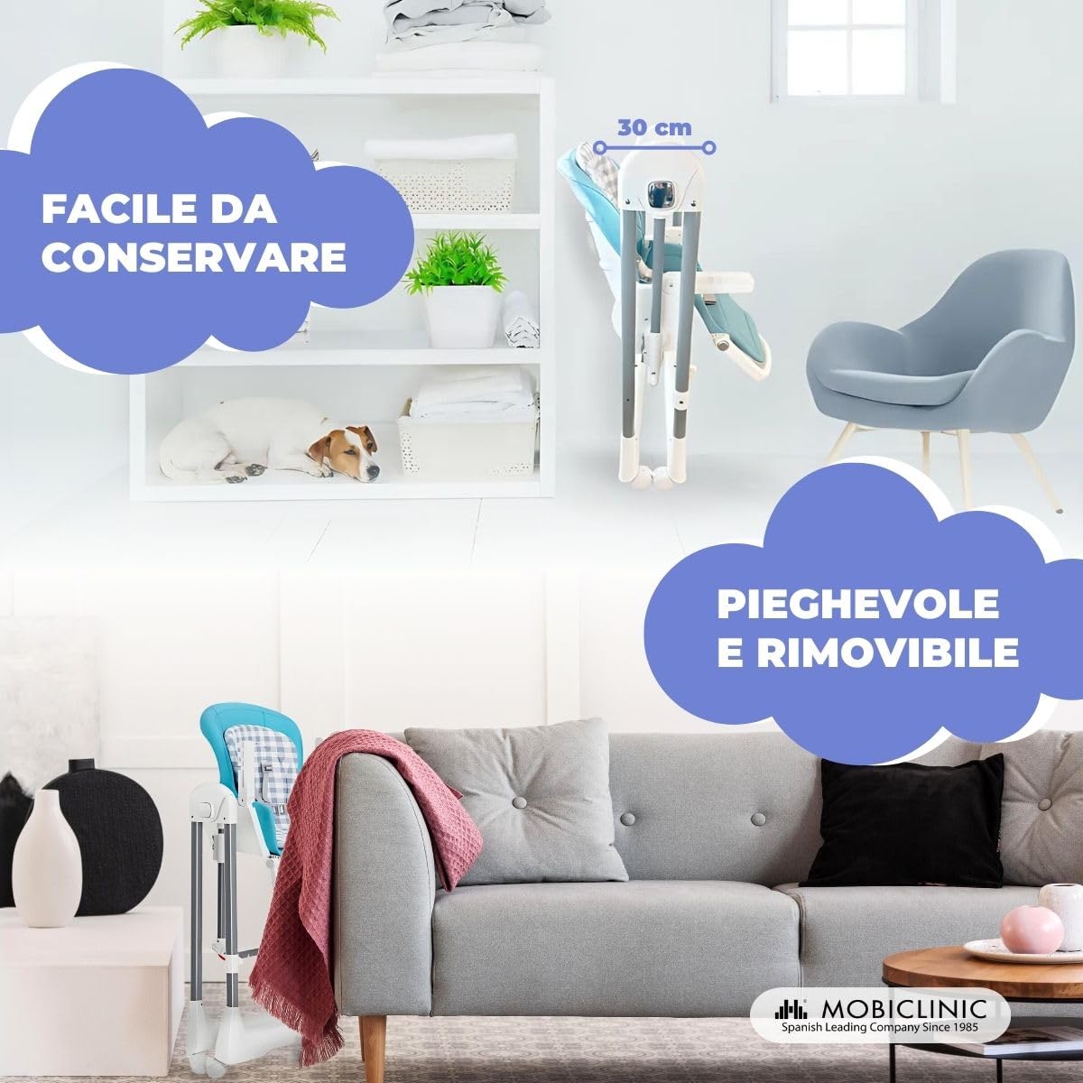 Mobiclinic®, Seggiolone a dondolo evolutivo, 3 in 1, 6-36 mesi, 15 kg, Pieghevole, Regolabile altezza e sullo schienale, Doppio vassoio rimovibile, Rotelle 360°, Imbracatura 5 punti