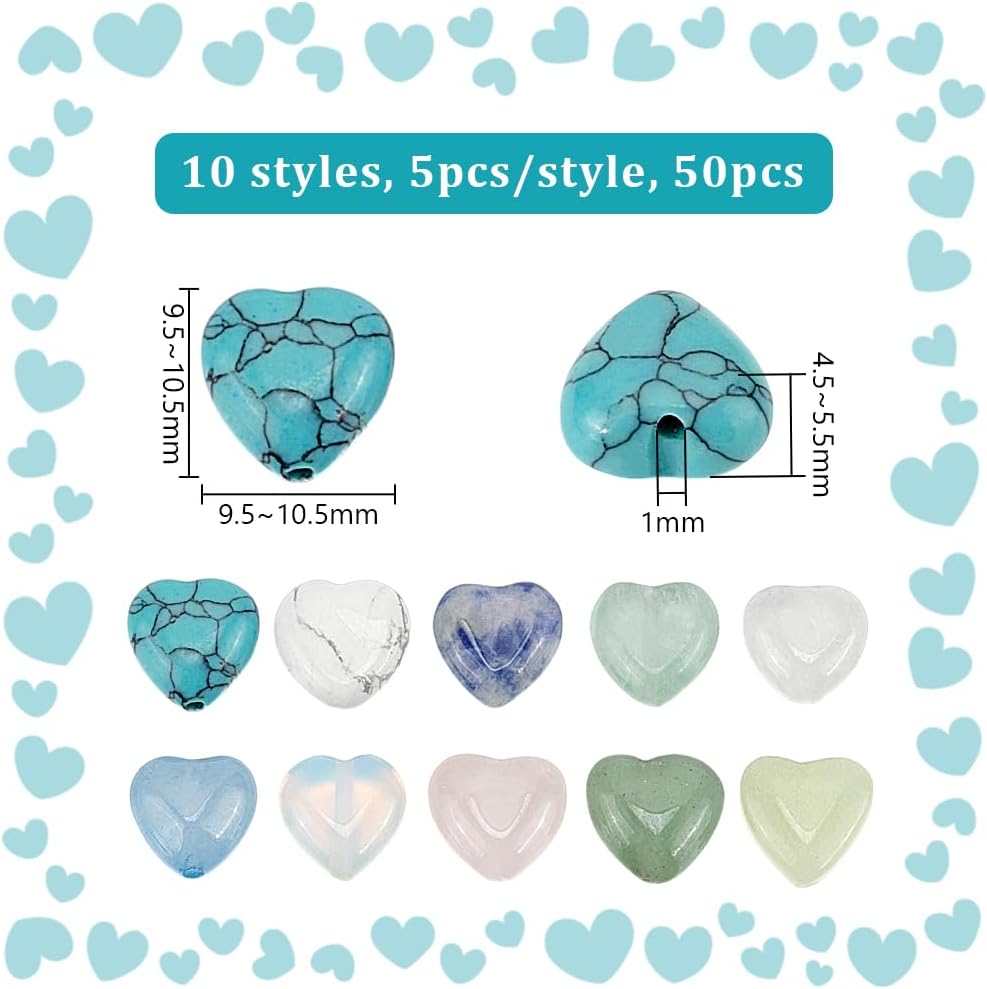 PH PandaHall 50PCS 10mm Heart Gemstone Beads, 10 Styles Natural Synthetic Stone Beads Rose Quartz Beads Crystal Spacer Beads for Christmas Bracelet Necklace Jewelry Making Crafts - Image 2