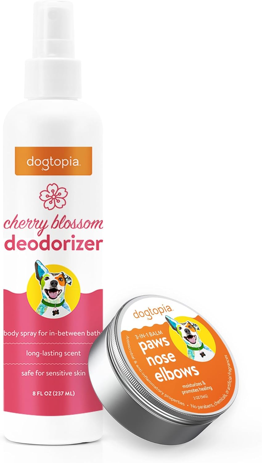 Dogtopia 3-in-1 Paw Balm & Deodorizer Spray - Between Baths Bundle for Pets | Moisturizing Balm for Cracked Skin (2oz) & Long-Lasting Cherry Blossom Odor Eliminator (8oz) for Dogs & Cats